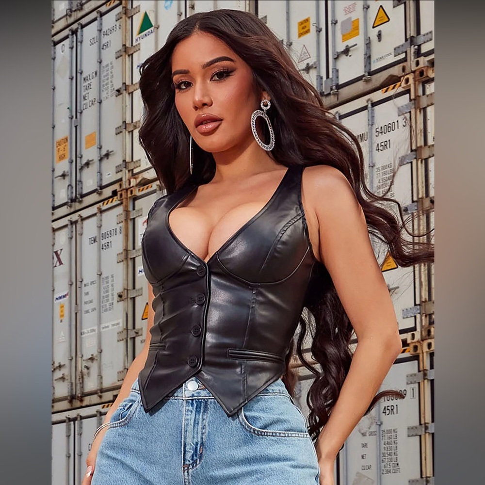 Cute Black Vest Faux Leather Vest